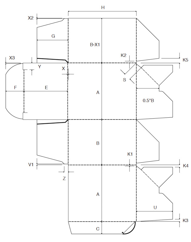 Faltschachtel Verpackung ECMA A6020 2 mit Automatikboden technische Zeichnung